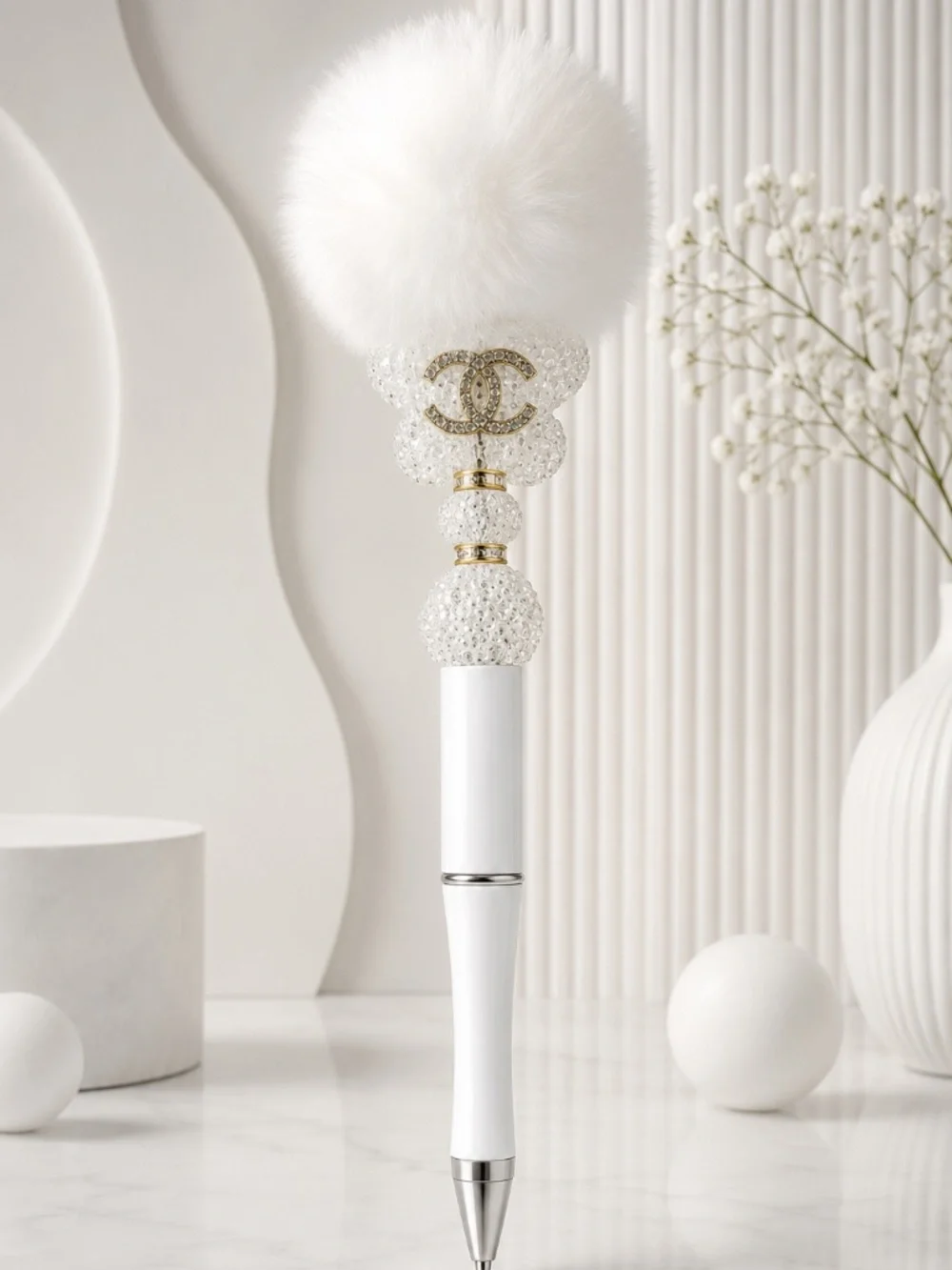 Elegant White Crystal Pom Pom Beaded Pen